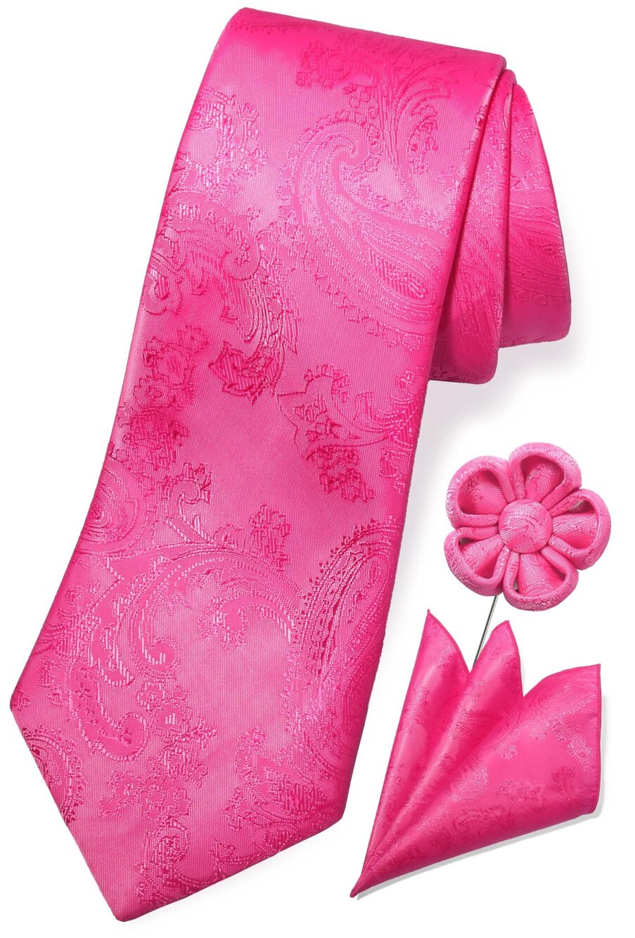 4372 Hot Pink Tie Fuschia Ties Paisley Neckties and Pocket Squares Set